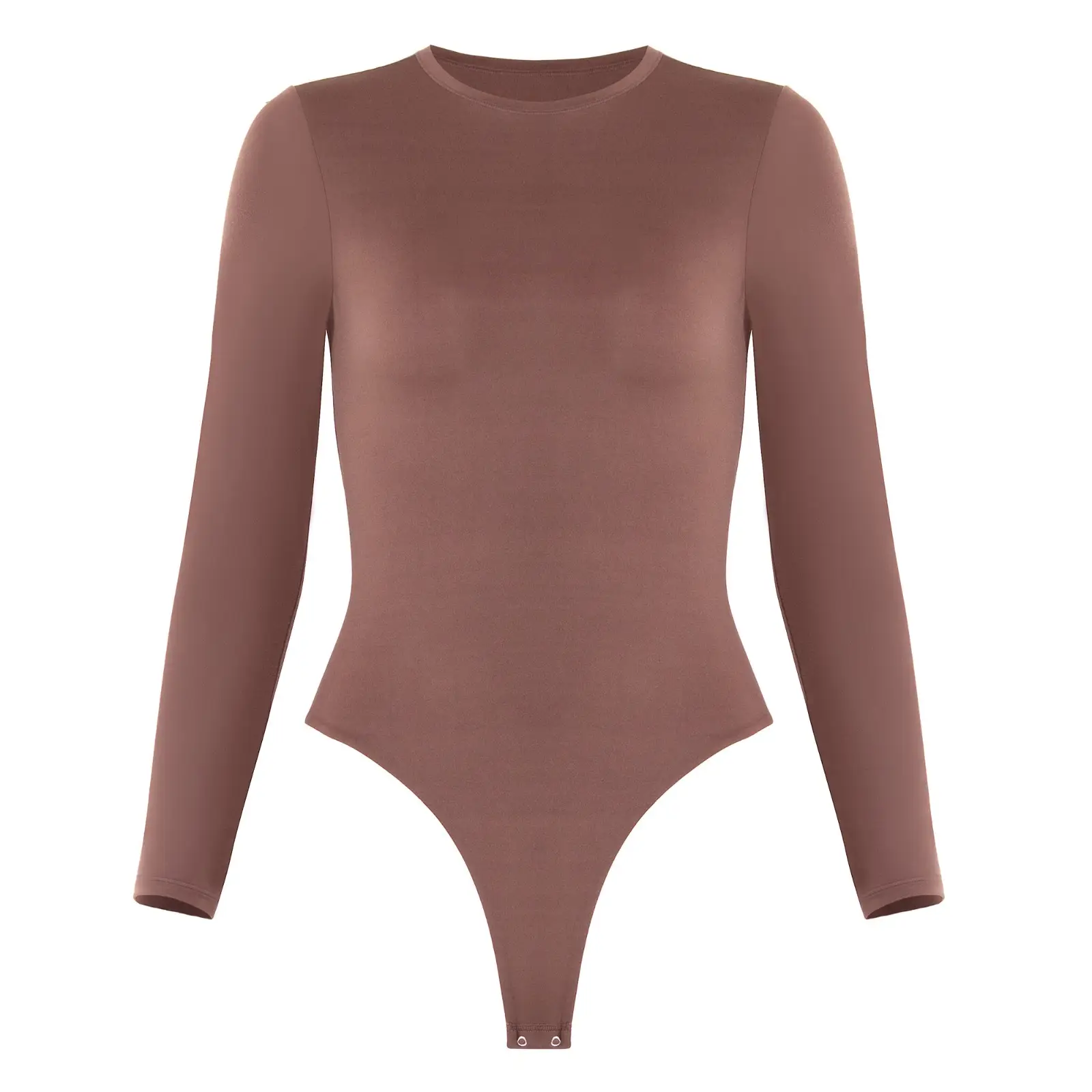 Illustration cutout of brown long sleeve bodysuit over a white background.