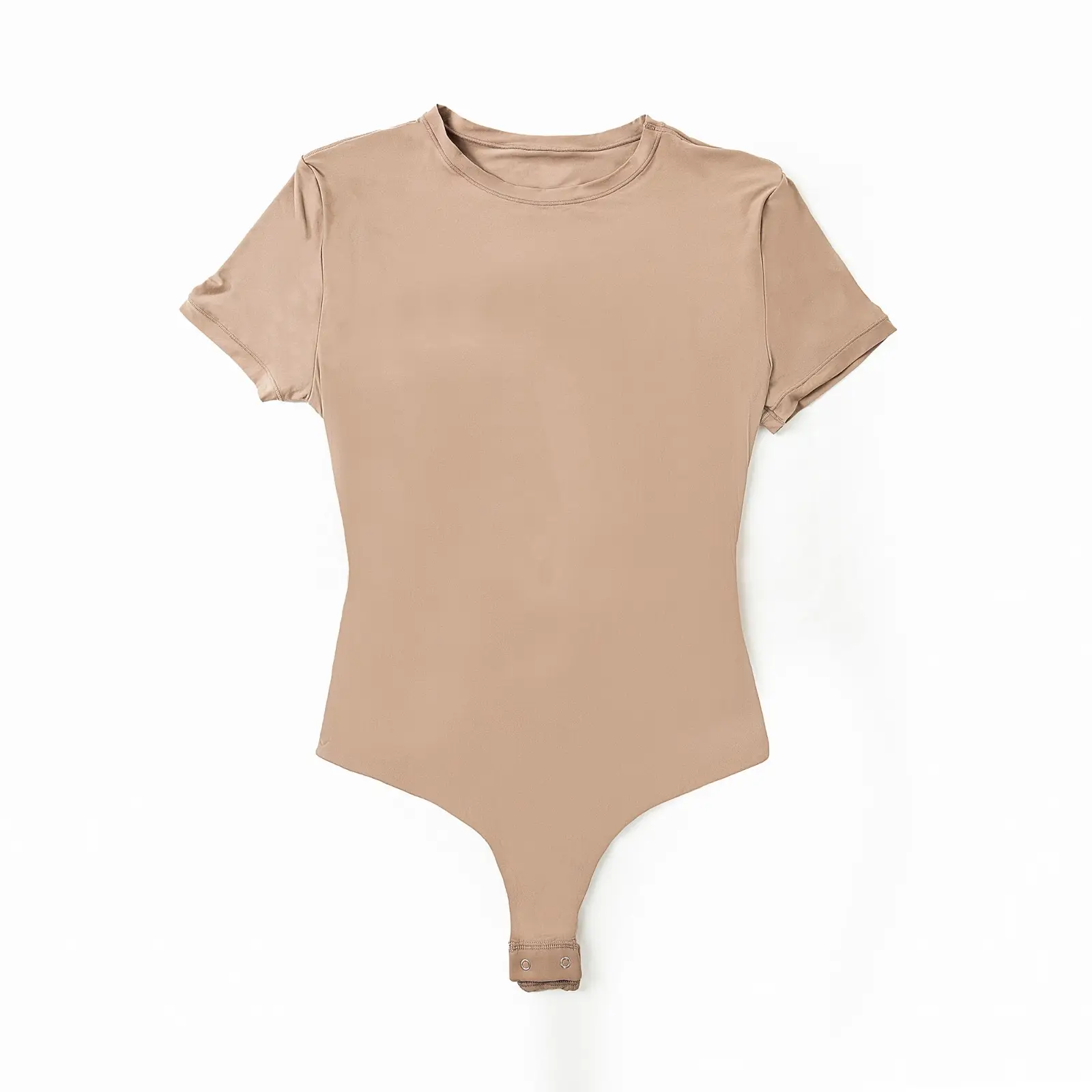 Beige bodysuit lying down flat over a white background.