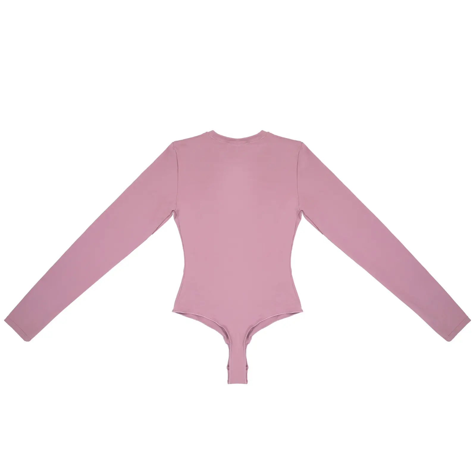 Light pink long sleeve bodysuit lying flat on its backside over a white background