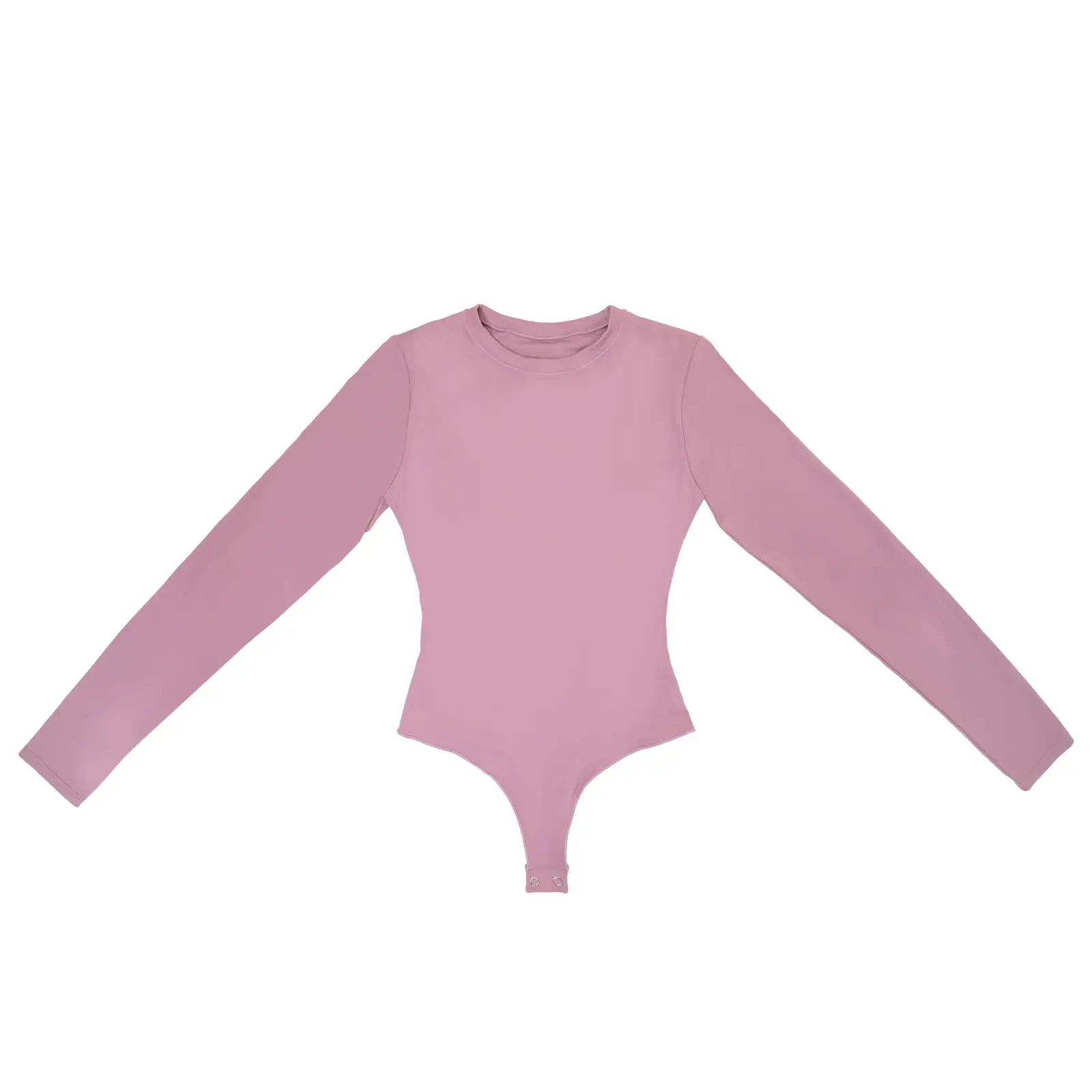 Light pink long sleeve crew cut bodysuit lying flat on a white background