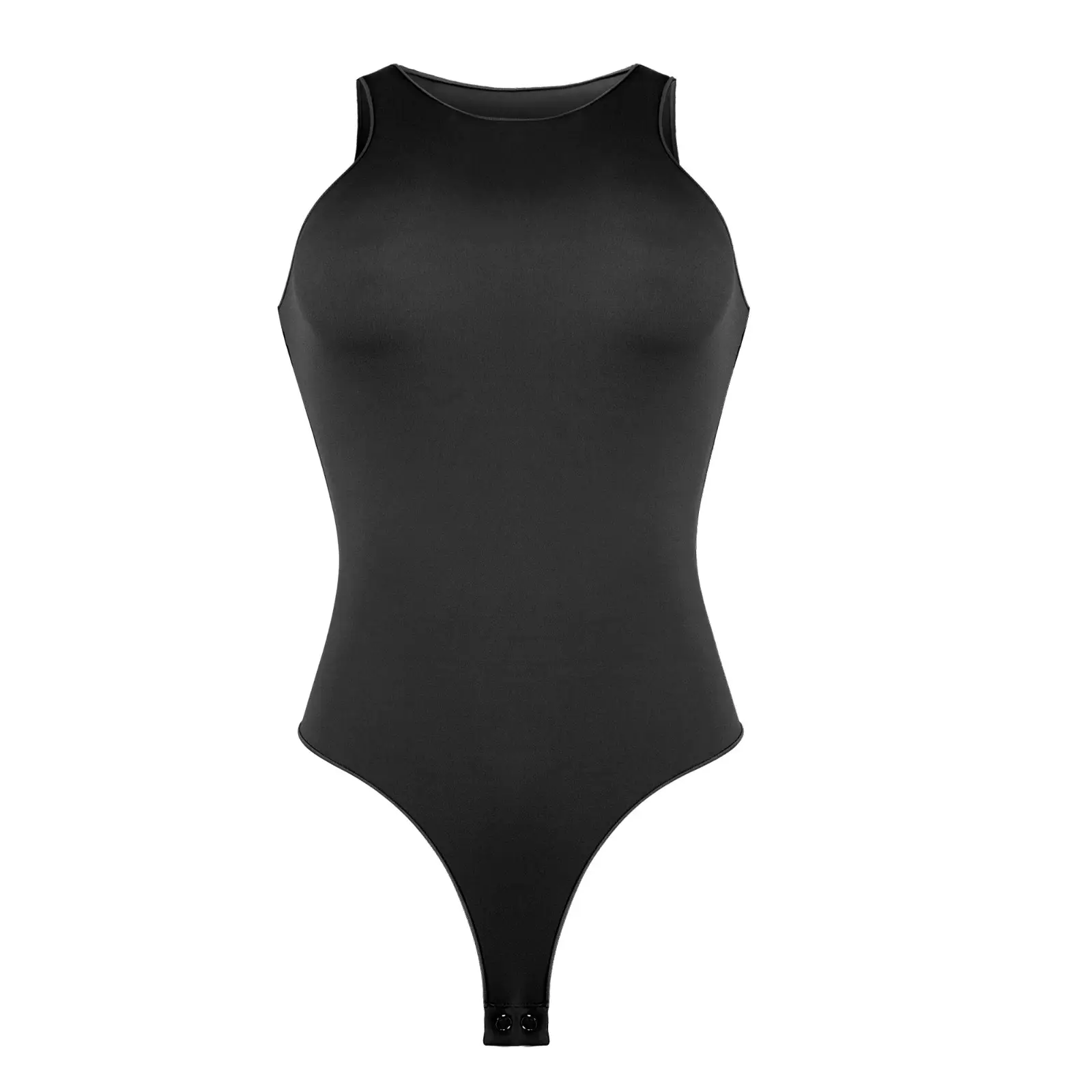 Digital illustration cutout of black sleeveless bodysuit over white background.