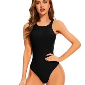A woman wearing the Activewear High Compression Sleeveless Crew Neck Bodysuit Thong in Black